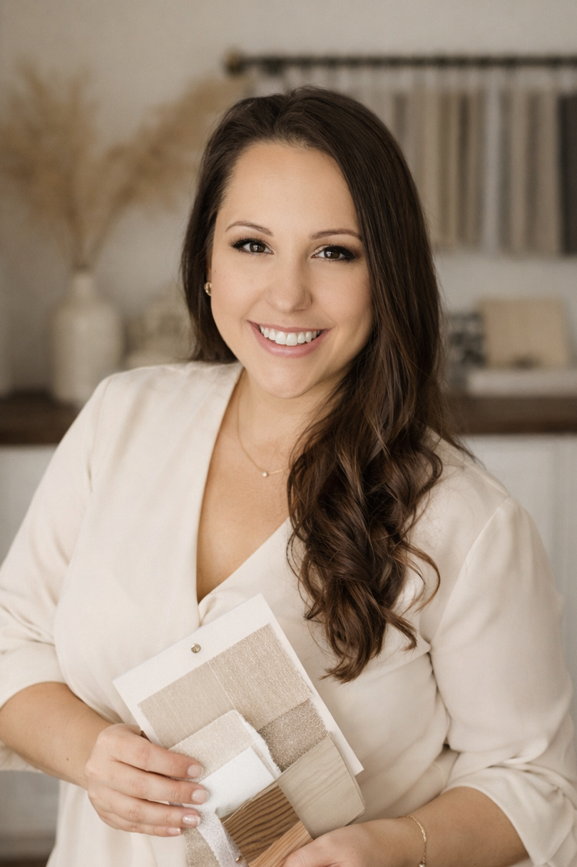 An image of a woman holding miscellaneous design samples and materials.